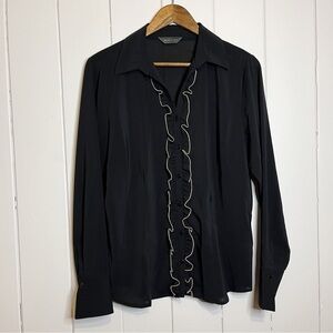 Vintage Mantles Sheer Black Frill Detailed Button Down Shirt. Size 12.